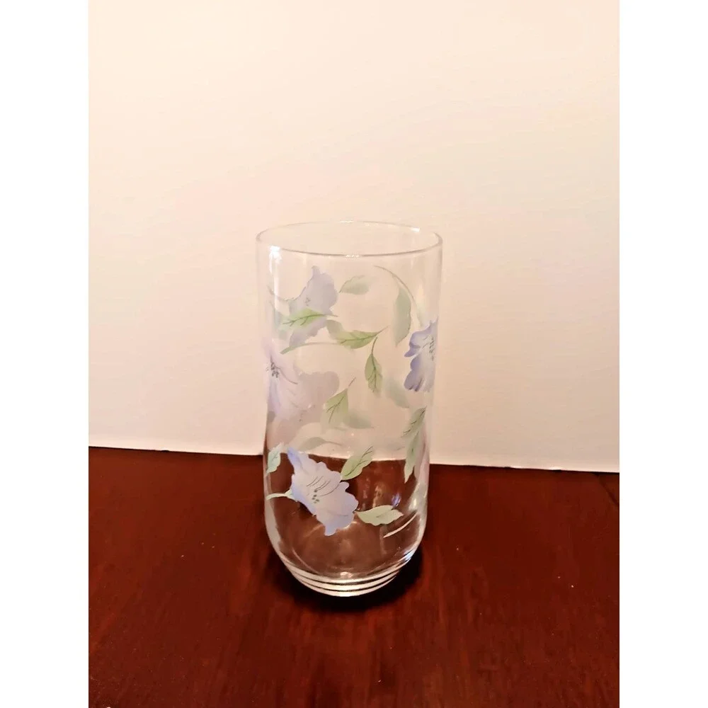 Vintage Set of 4 Floral 14 oz Drinking Glasses Blue Pink Flower Tumblers